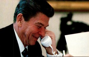 President Ronald Reagan Recuperating In White House Talking On Telephone