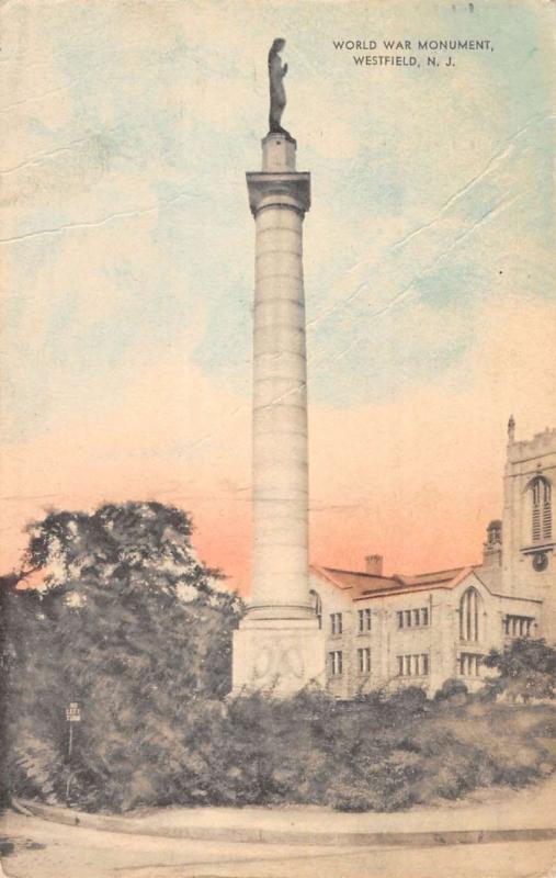 Westfield New Jersey World War Monument Street View Antique Postcard K57082