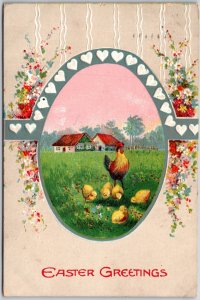 Easter Greetings, 1911 Hen & Chicks in Heart-Framer Oval & Farmhouse, Postcard