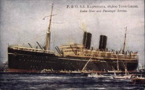 P&O Steamship Lines S.S. Rajputana India Mail Ship c1910 Vintage Postcard