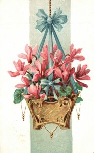 Vintage Postcard 1906 Beautiful Pink Flowers Hanging Decoration Blue Ribbon Art