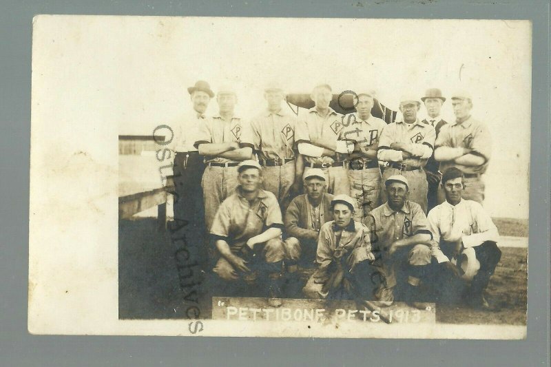Pettibone NORTH DAKOTA RPPC 1913 BASEBALL TEAM Posing PETS nr Steele Medina 