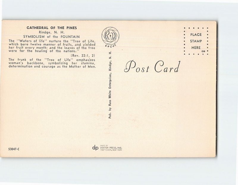 Postcard Cathedral Of The Pines, Symbolism of the Fountain, Rindge, N. H.