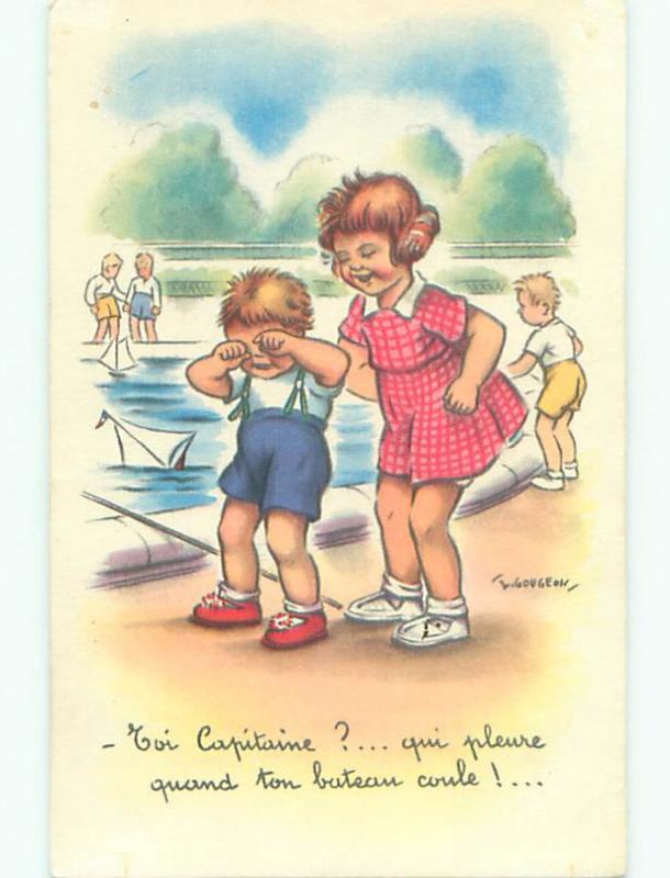 1960 foreign signed CUTE FRENCH GIRL AT POOL WITH LITTLE BROTHER k6778