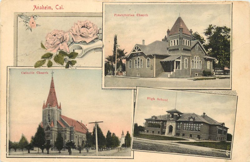 Multiview Postcard Anaheim CA High School Prebyterian Catholic Church Rieder 859