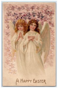 c1910's Easter Angels Praying Flowers Airbrushed Embossed Antique Postcard