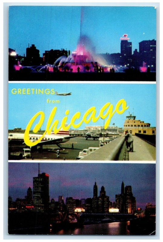 c1950 Greetings From Chicago Fountain Airport River Skyline Illinois IL Postcard