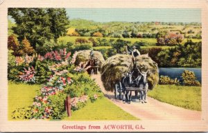 Postcard GA Greetings from Acworth LINEN Farmers Carts Full of Hay 1940s S111