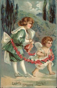 VALENTINE'S DAY FANTASY Cupid and Little Boy c1910 Postcard