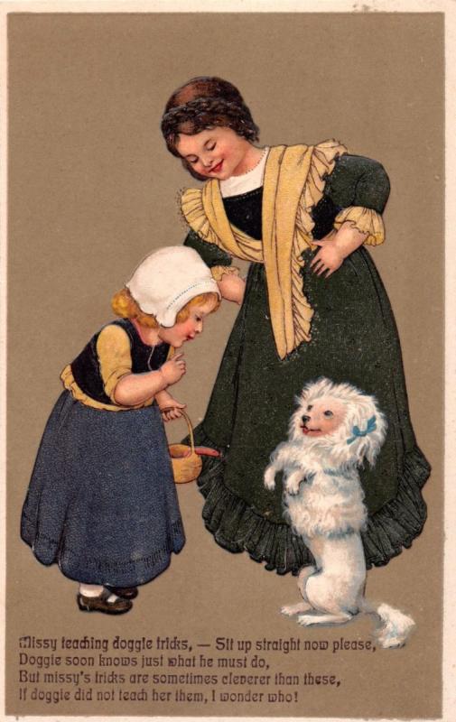 NETHERLANDS YOUNG GIRLS PLAY & TRAIN WHITE DOG~EMBOSSED POSTCARD c1910s