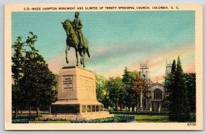 Vintage Postcard Wade Hampton Monument & Glimpse of Trinity Church Columbia SC