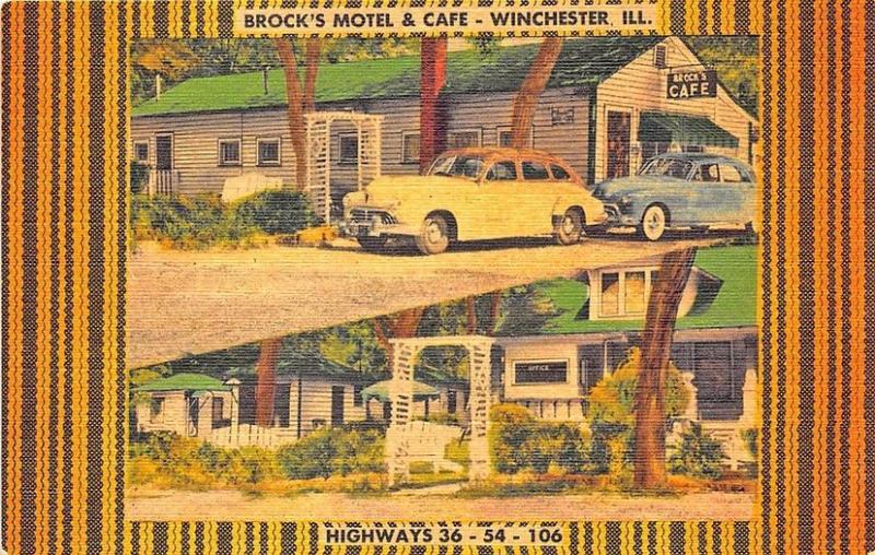 Winchester IL Brock's Motel & Cafe Old Cars Linen Postcard