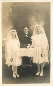 Boy Suit Catholic Girls First communion Dress c-1910 Postcard RPPC 13679