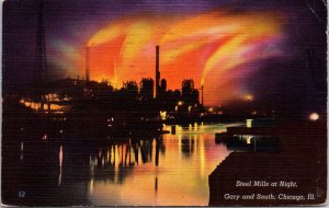 VINTAGE POSTCARD THE STEEL MILLS AT NIGHT VIEW FROM GARY AND SOUTH CHICAGO 1952