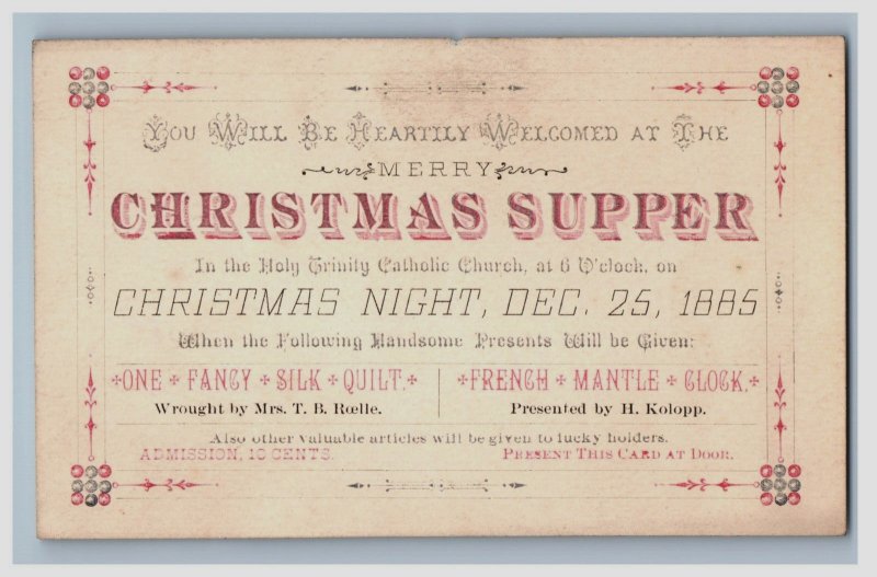 1885 Christmas Dinner Ticket Dec. 25th Holy Trinity Church Present Given F46