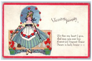c1910's Valentine Thoughts Woman With Umbrella Hearts Embossed Antique Postcard