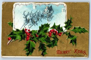 1908 Christmas Santa Claus Reindeer Holly Berries Embossed Norwalk OH Postcard