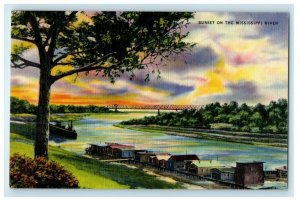 c1940's Bird's Eye View Of Sunset On The Mississippi River Vicksburg MS Postcard 