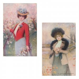 Drawn women in careless meditation gargering flowers unit of 2 photo postcards