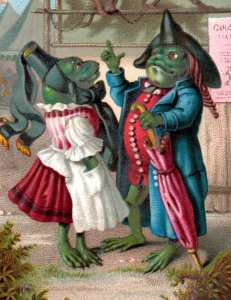 1880s Victorian Trade Card Anthropomorphic Frog Couple Circus P84