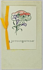 A Joyous Birthday Small Purple Flower Landscap BowFoldout Vintage Postcard