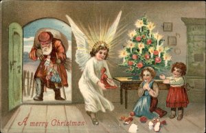 Christmas Father Christmas Brown Coat Angel Children Embossed Vintage Postcard