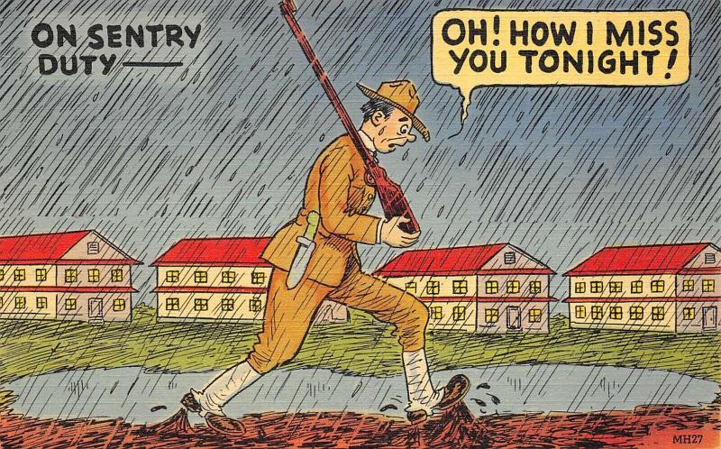 WWII Era Military 1940s Linen Comic Postcard On Sentry Duty Miss You Tonight