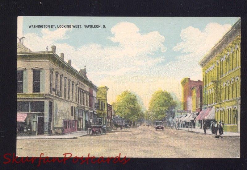 NAPOLEON OHIO DOWNTOWN WASHINGTON STREET SCENE ANTIQUE VINTAGE POSTCARD