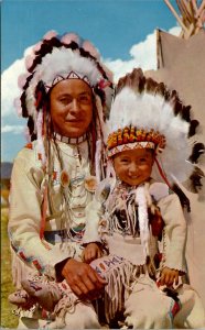 Indian Chief and Papoose Beautiful Man and Child Chrome Postcard V7