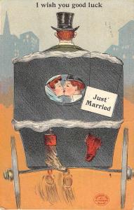 Good Luck Just Married Couple Kissing Stagecoach Antique Postcard K79850