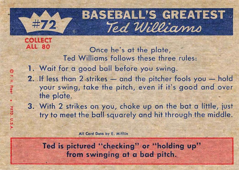 Ted Williams Ted's Hitting Fundamentals #2 Card Number 72