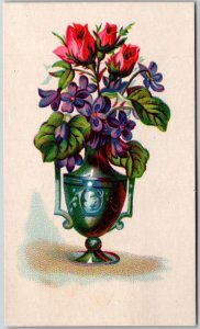 1880s-90s Trade Card, Colorful Flower Vase, A. E. & H Leidy Millinery & Notions