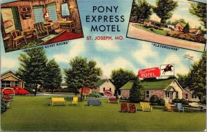 Linen Postcard Pony Express Motel US 36 and 71 in St. Joseph, Missouri