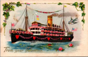 Valentine's Day Postcard Steamship at Sea Covered in Roses, Flowers, Hearts