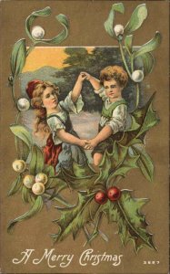 Christmas Boy and Girl Dancing Mistletoe Border c1910 Vintage Postcard