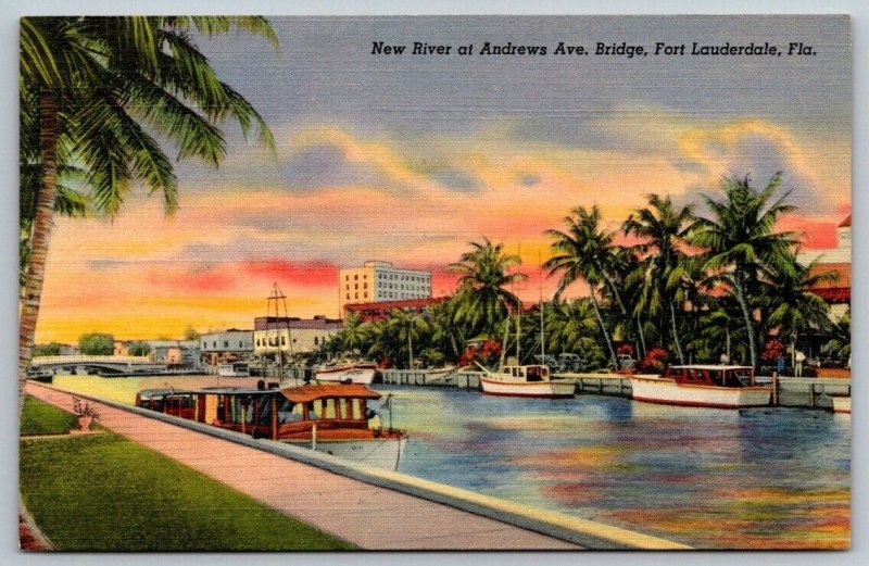 Vintage Florida Postcard - New River   Andrews Ave Bridge  Fort Lauderdale