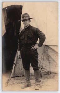 WW1 US Soldier RPPC Handsome Young Doughboy Real Photo Postcard A48