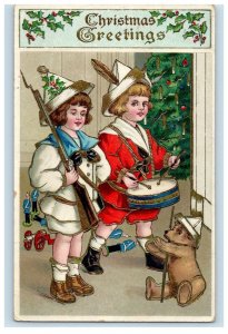 1909 Christmas Gel Gold Gilt Drummer Boy Soldier Bear Tree Candles Postcard