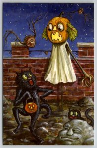 Matthew Kirscht Halloween Scarecrow Flying Acorn Stone Face Cat Ltd Postcard MK