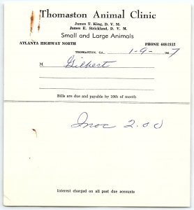 1967 THOMASTON GA THOMASTON ANIMAL CLINIC ATLANTA HWY BILLHEAD INVOICE Z906