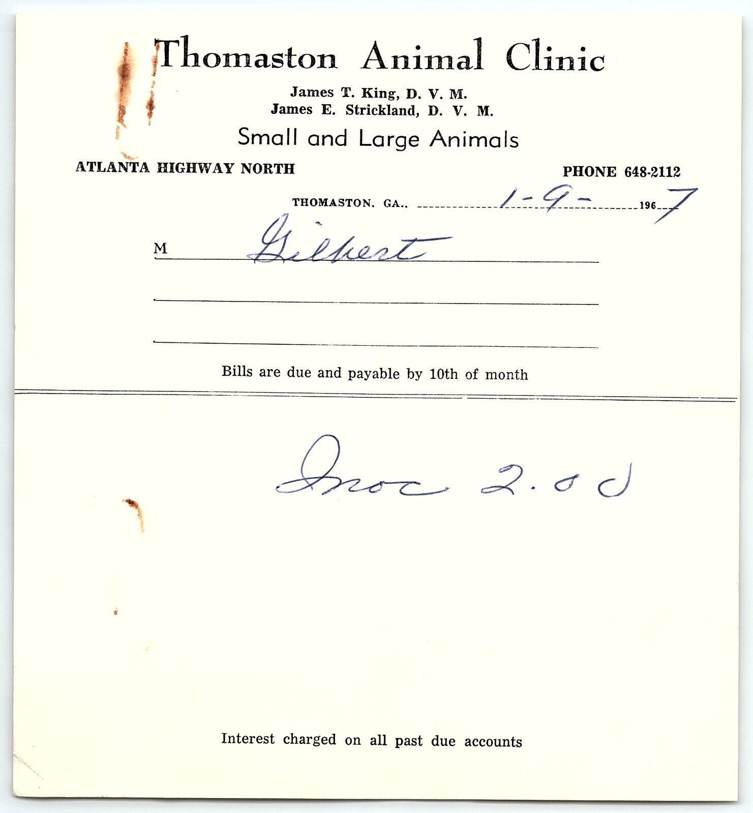 1967 Thomaston GA Thomaston Animal Clinic Atlanta HWY Billhead Invoice