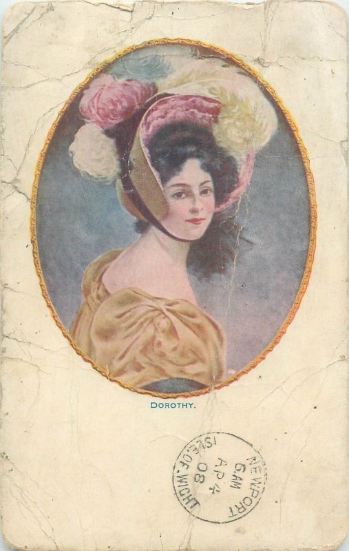 Dorothy portrait drawing Postcard beauty elegance fancy feather hat 