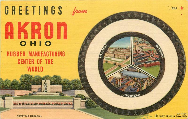 Curt Teich Linen Postcard Greetings Akron OH Rubber Manufacturing Goodyear Tire