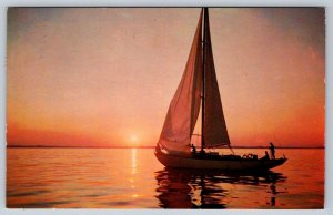 Sailboat At Sunset, Greetings From Florida, Vintage 1973 Chrome Postcard