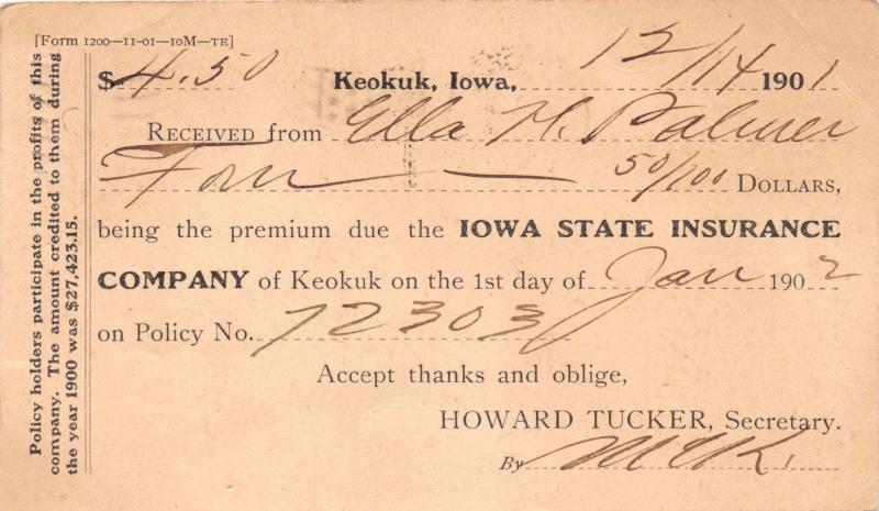 KEOKUK IOWA IOWA STATE INSURANCE COMPANY~PAYMENT RECEIPT POSTCARD 1901