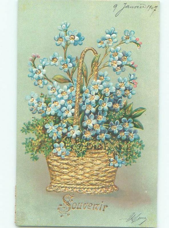 foreign 1907 Postcard BASKET OF FORGET-ME-NOT FLOWERS AC3126