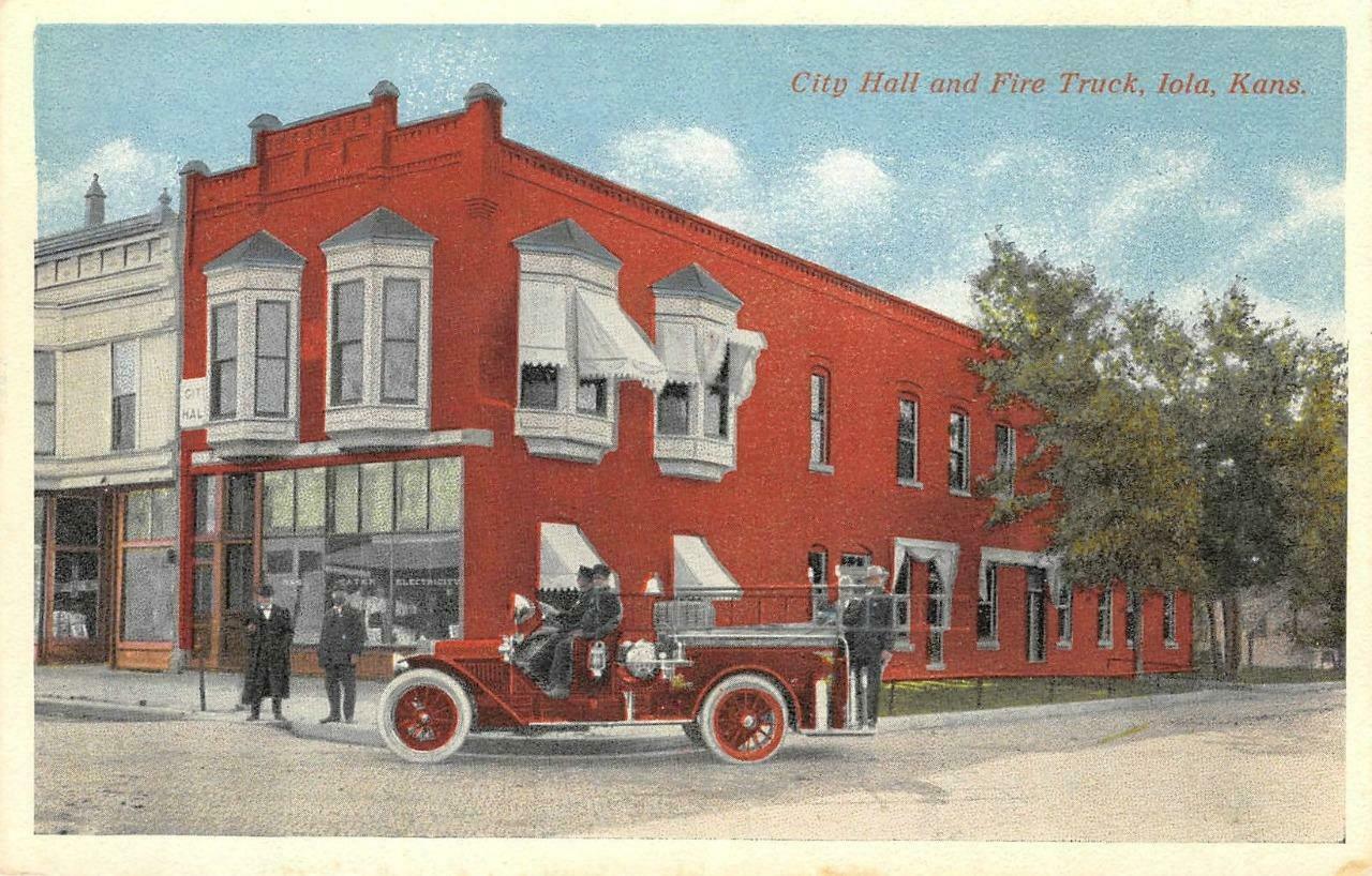 City Hall, Fire Truck Iola, Kansas Firemen Allen County c1910s Vintage