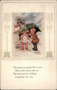 Eliza Curtis Boy Holds Umbrella for Little Girl c1910 Vintage Postcard