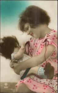 Art Deco Photography - Little Girl & Her Doll Tinted Real Photo Postcard #3