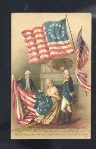 VINTAGE PATRIOTIC POSTCARD BETSY ROSS MAKING US FLAG GEORGE WASHINGTON 1909